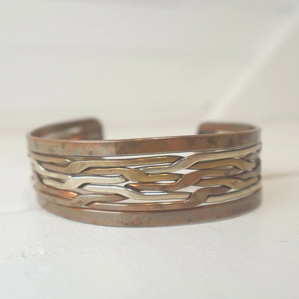 Vintage Multi-Strand Mixed-Metal Copper Cuff Bracelet Layered Wave Wire Unisex